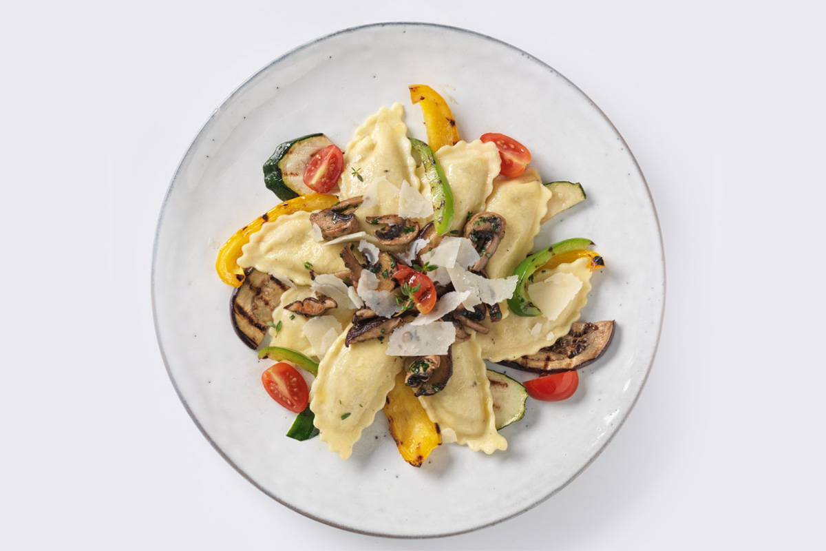 Agnolotti with a wild garlic leaf filling and grilled vegetables