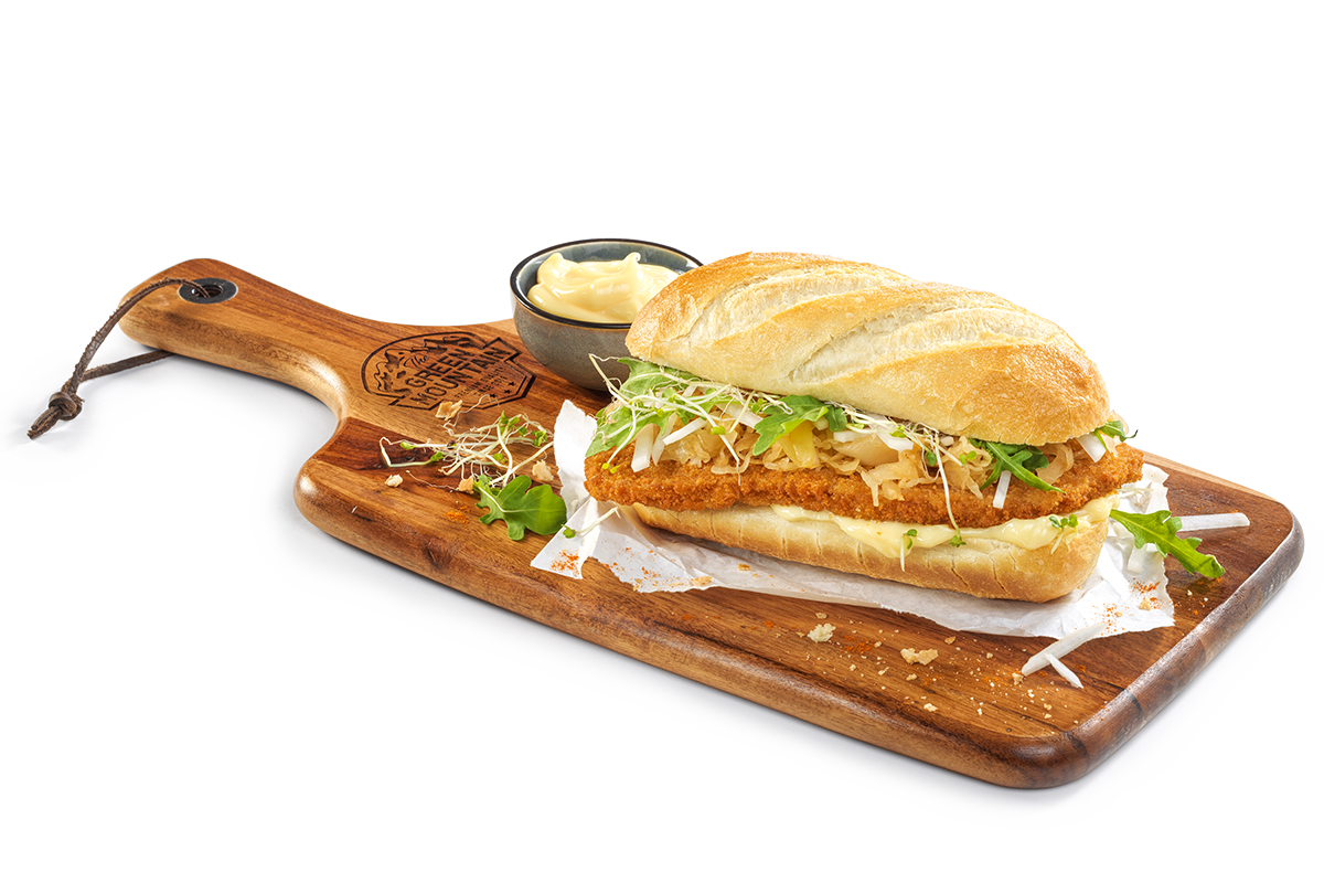 THE GREEN MOUNTAIN Schnitzel baguette with soya-miso mayonnaise and chilli sauerkraut