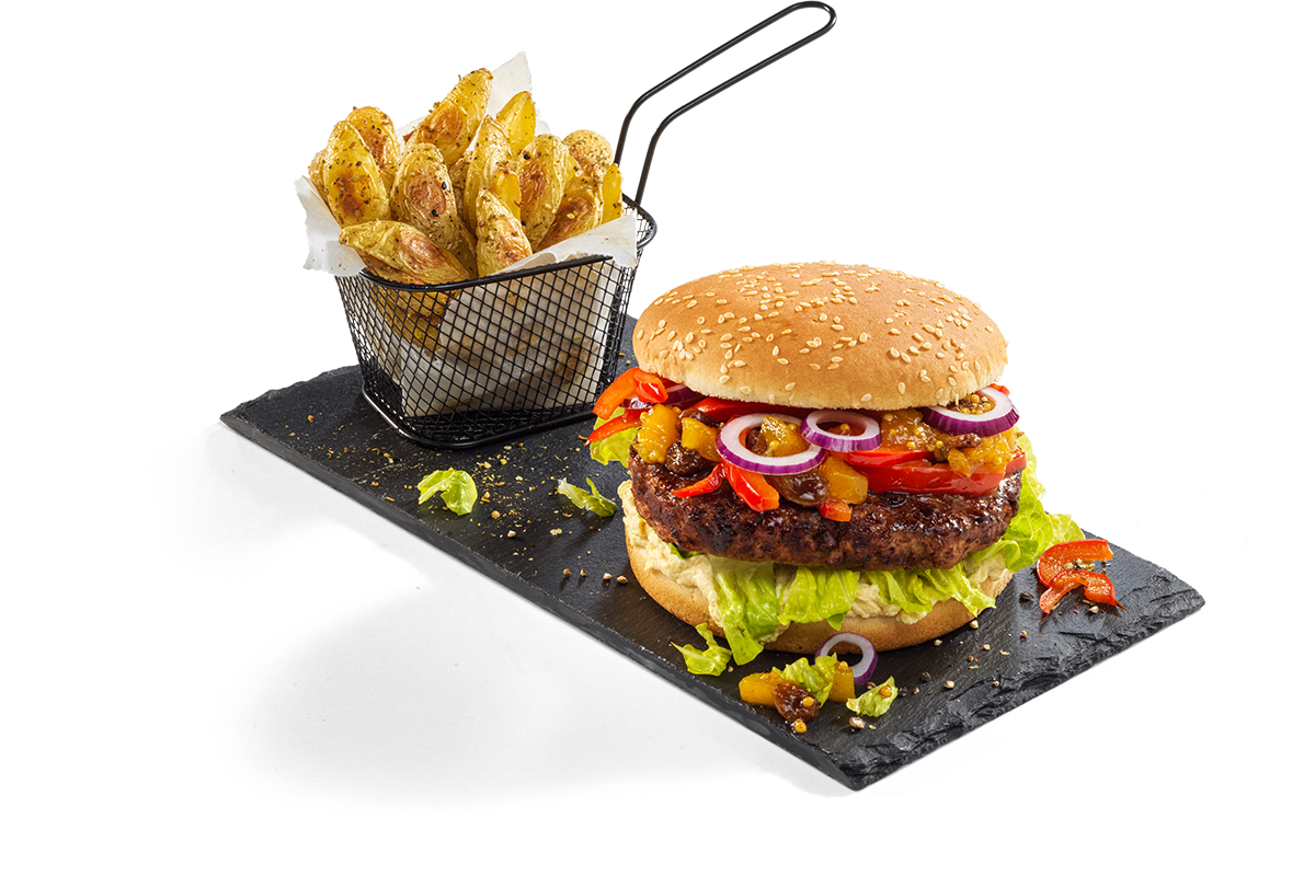THE GREEN MOUNTAIN Burger Mediterran mit Hummus, Salat und Paprika/Peperoni, dazu Dukkah-Wedges