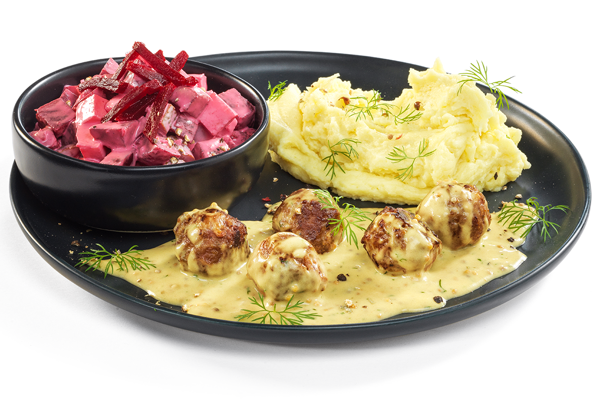 THE GREEN MOUNTAIN Balls avec sauce à la moutarde, accompagnés d’une purée de pommes de terre végétalienne et d’une salade de betteraves rouges/pommes